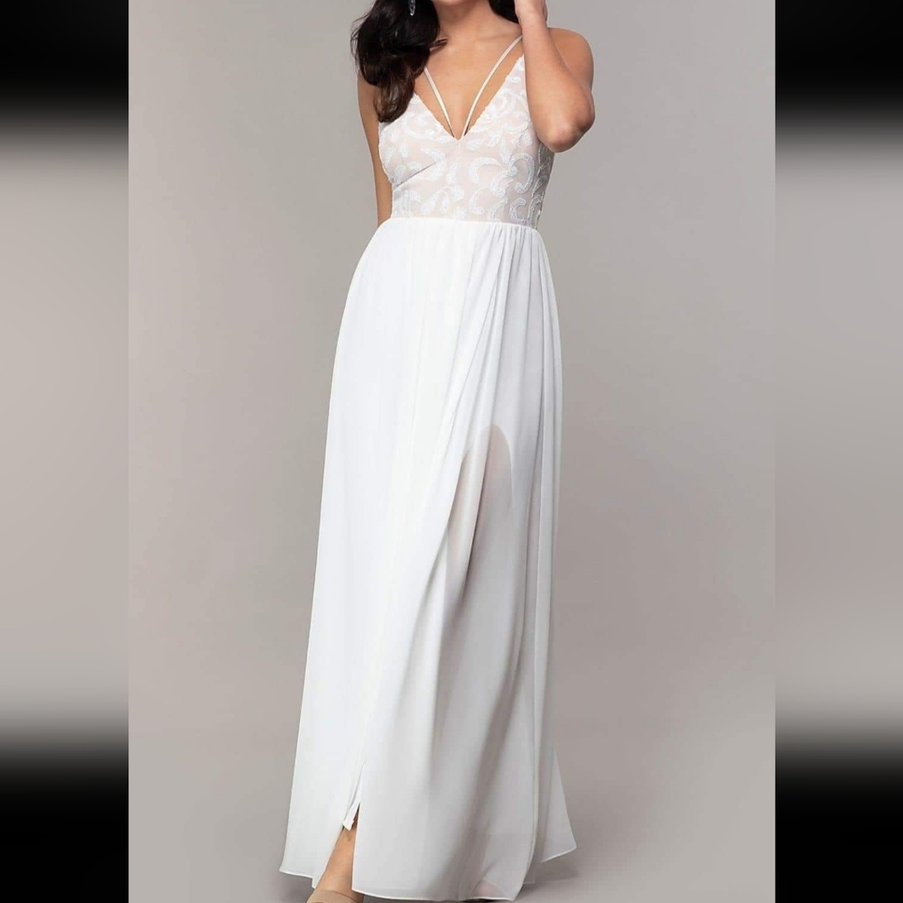 NWT Simply women small. Ivory & Nude sequined floor length gown. Adj. Straps